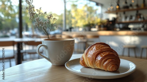 Warm cup of coffee and a freshly baked croissant in a cozy cafe with greenery