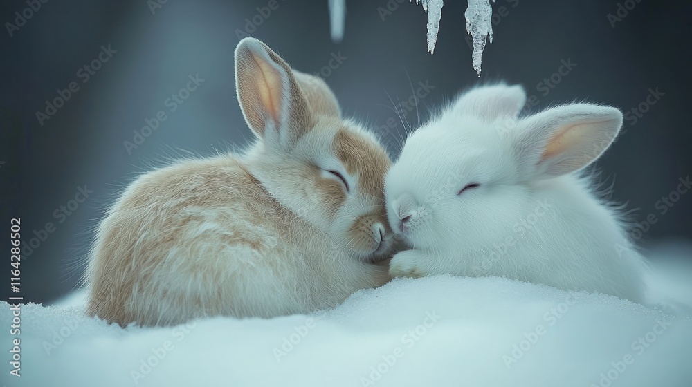 Fototapeta premium Two bunnies cuddling in snow.