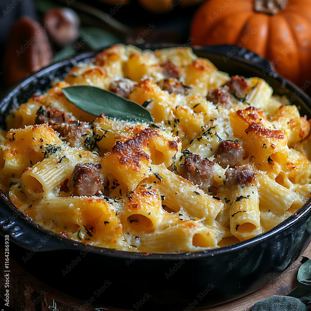 Creamy pasta gratin with zucchini and sausages, topped with cheese and herbs, perfect for cozy meal. Enjoy rich flavors and comforting texture of this delicious dish Creamy pasta gratin with zucchini and sausages, topped with cheese and herbs, perfect for cozy meal. Enjoy rich flavors and comforting texture of this delicious dish