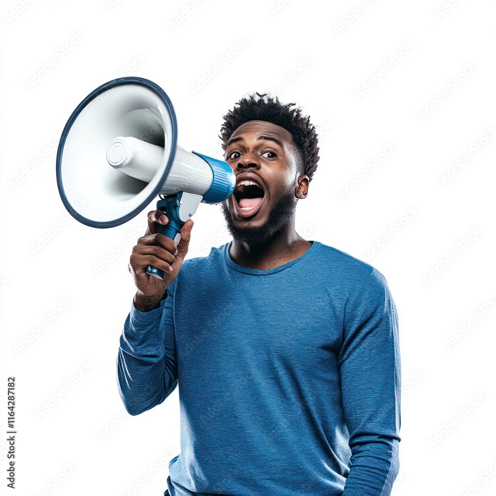 Young student black man wearing blue hold speaker Isolated on White Background Generative AI Young student black man wearing blue hold speaker Isolated on White Background Generative AI