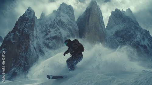 Snowboarder glides down mountain slope against breathtaking alpine backdrop i...