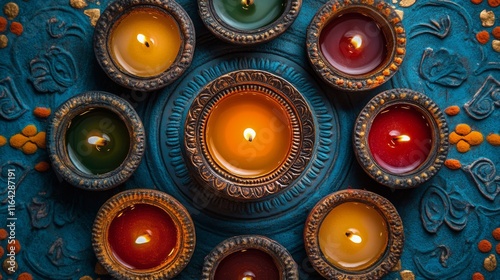 Decorative oil lamps arranged on a colorful mat surrounded by plants and cand...