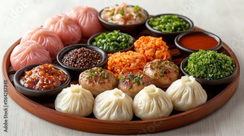 Dumplings served with various dipping sauces in a bamboo steamer basket for a...