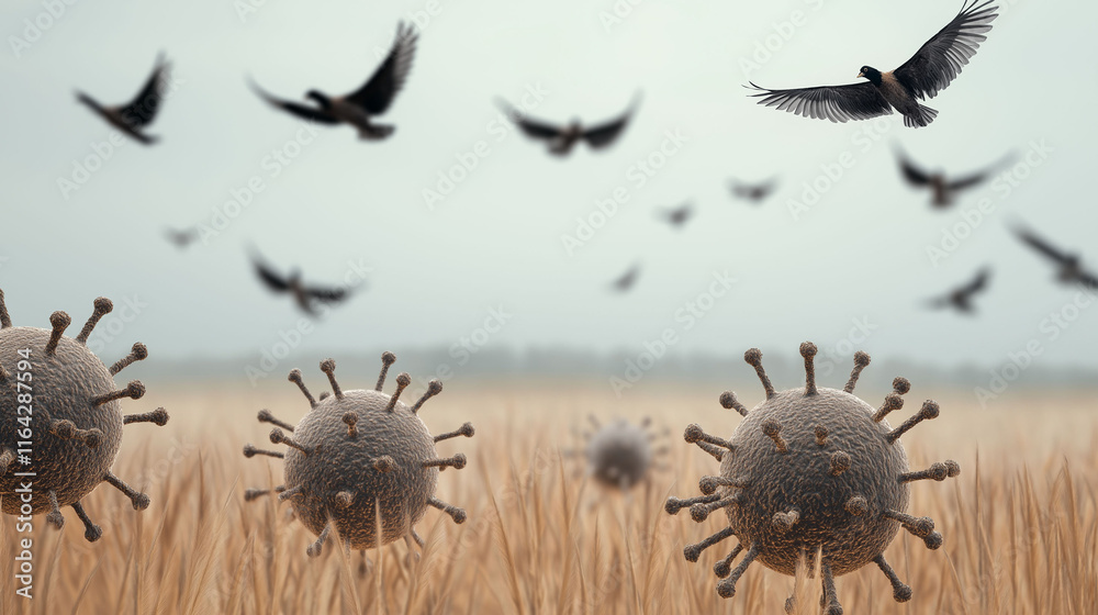 Obraz premium Bird flu mutation avian virus. Infected spheres amidst flying birds over a grassy field.