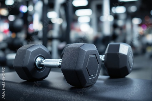 Close-up of black hexagonal dumbbells on a gym bench. photo