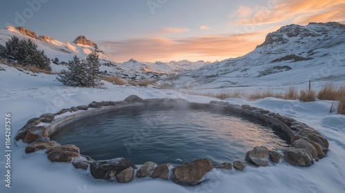 Warm spring surrounded by snow-capped mountains at sunset in a tranquil winte...