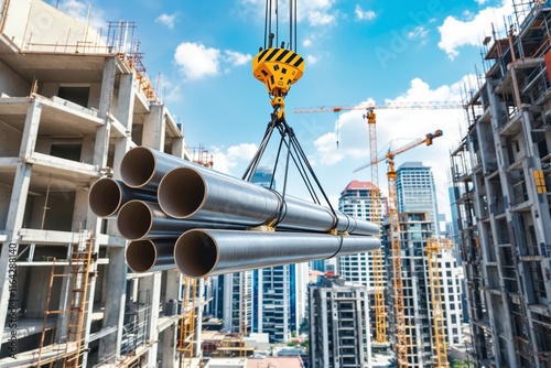 Steel pipes suspended by crane at urban construction site with buildings and cranes in background. photo