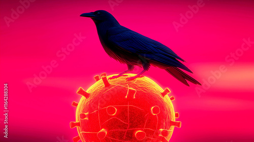 Bird flu mutation avian virus. A crow perched on a glowing virus model against a vibrant background.