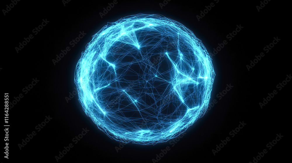 Glowing blue energy sphere with interconnected light patterns on black background Glowing blue energy sphere with interconnected light patterns on black background