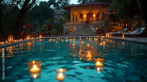 Elegant candles illuminate a serene evening by the tranquil water
