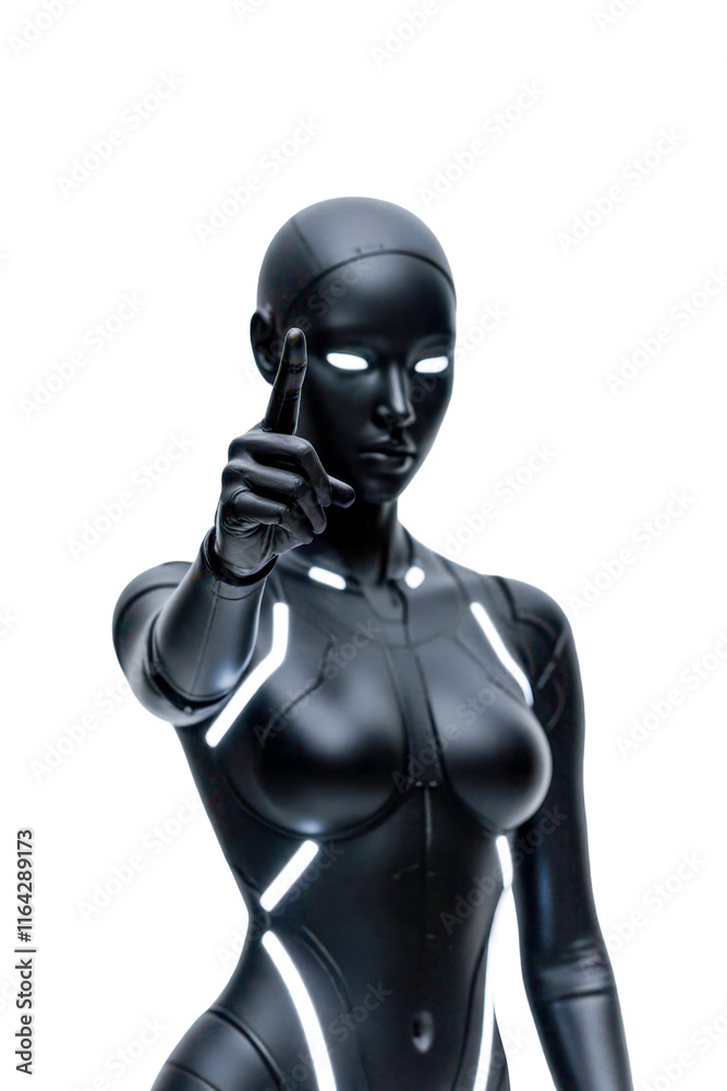a figure in a futuristic, black, form-fitting suit with glowing white accents, pointing forward with its index finger a figure in a futuristic, black, form-fitting suit with glowing white accents, pointing forward with its index finger