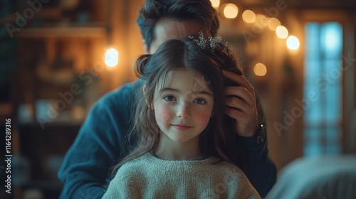 Father and daughter share joyful moment in cozy room filled with warm lightin...