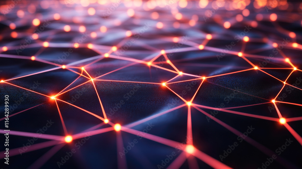 Glowing network nodes and connecting lines in abstract digital grid Glowing network nodes and connecting lines in abstract digital grid