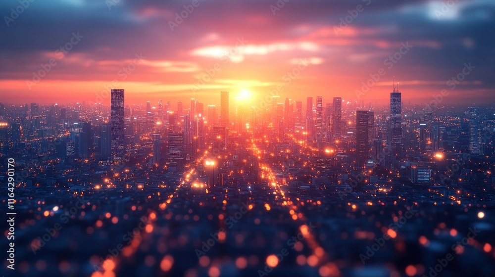 Fototapeta premium Vibrant sunset over a sprawling metropolis.