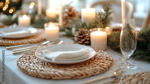 Elegant dinner table setting with candles and festive decor for a cozy celebr...