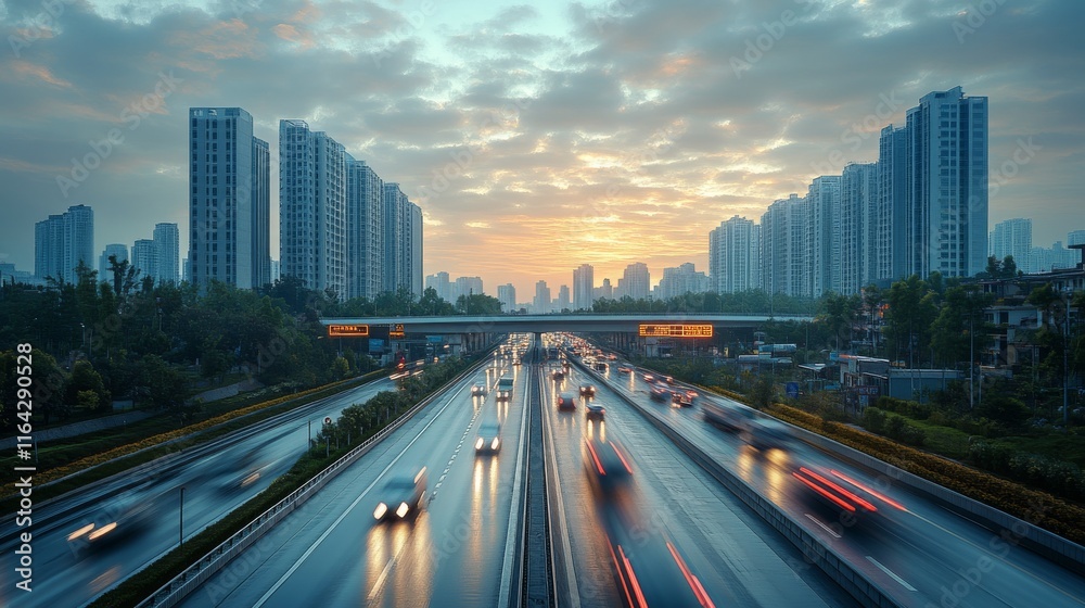 Sunrise over a city highway with traffic. Sunrise over a city highway with traffic.