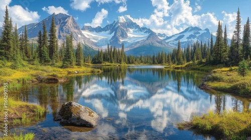 Majestic mountain landscape with serene lake and lush greenery under a blue sky