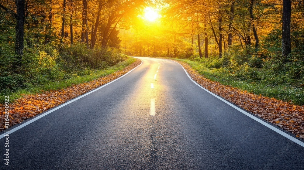 Fototapeta premium Serene winding road through a sunlit autumn forest.