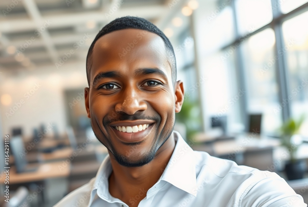 Fototapeta premium Confident African American Businessman Smiling in Modern Office Environment