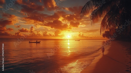 Breathtaking sunset over calm ocean with silhouetted palm trees near coastal ...
