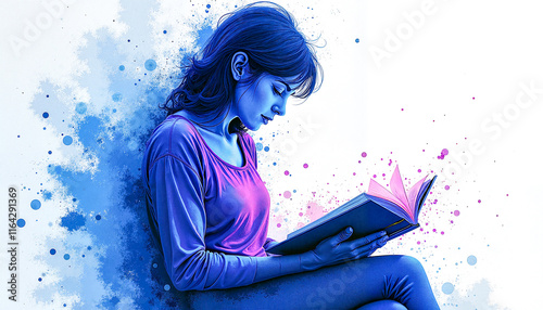 Creative illustration of a mother reading a book, immersed in a colorful abstract background