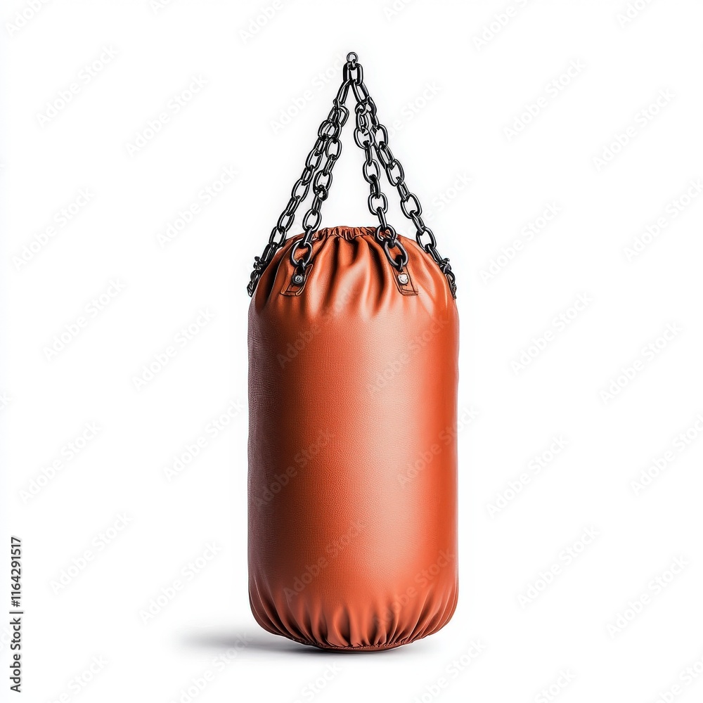 A sturdy brown punching bag suspended by chains, ideal for strength training and boxing workouts in a home gym. A sturdy brown punching bag suspended by chains, ideal for strength training and boxing workouts in a home gym.