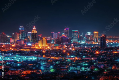 Vibrant night skyline reflecting on water in an urban environment