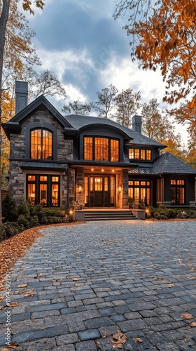 Luxury stone mansion with elegant architecture surrounded by trees at dusk