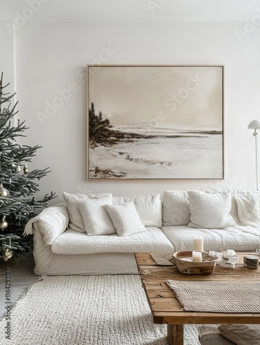 Coastal Living Room Decor Features White Sofa and Seascape Art