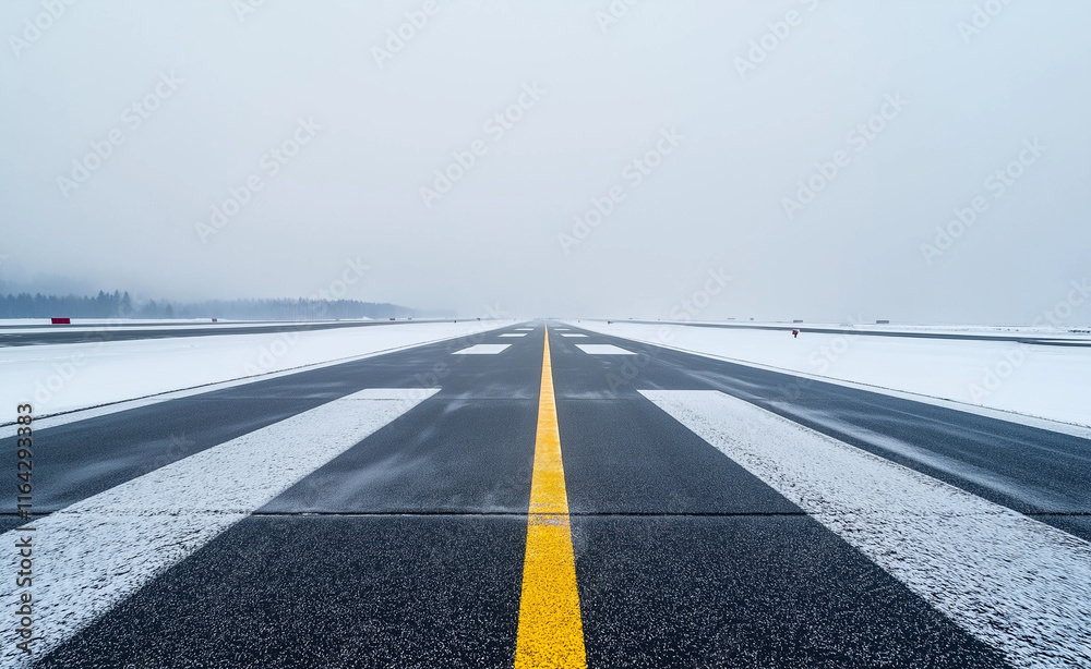 Fototapeta premium A snow-covered runway with clear yellow and white markings stretching into a foggy horizon, evoking a sense of cold stillness.