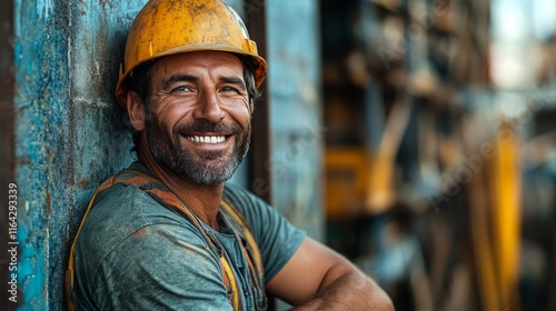 Smiling construction worker in hard hat stands confidently at building site