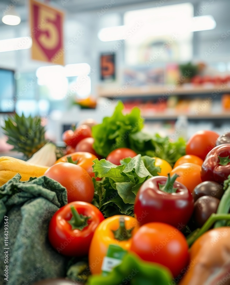 Vibrant Fresh Vegetables and Fruits Displayed in a Market Vibrant Fresh Vegetables and Fruits Displayed in a Market