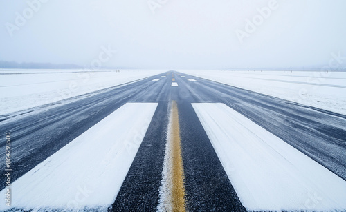 A snow-covered runway with clear yellow and white markings stretching into a foggy horizon, evoking a sense of cold stillness. photo