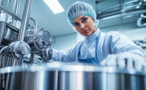 Female worker in a sterile industrial setting wearing a hairnet, gloves, and lab coat while operating modern machinery.