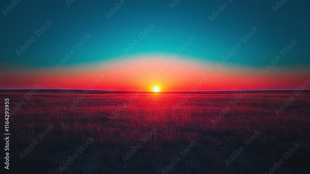 Obraz premium The sun descends on the vast expanse of high grass, framed by a sapphire sky