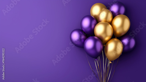 Bunch of glossy purple, gold, and silver helium balloons on a purple background, creating a festive look. photo