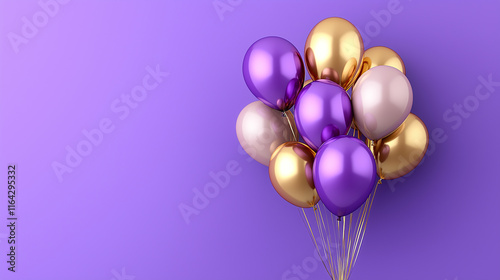 Bunch of glossy purple, gold, and silver helium balloons on a purple background, creating a festive look. photo