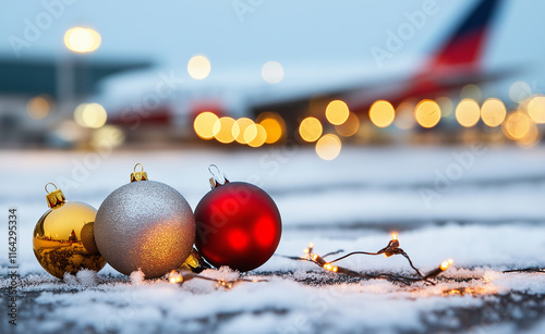 Christmas ornaments in gold, silver, and red resting on snowy ground with blurred airplane and lights in the background. photo