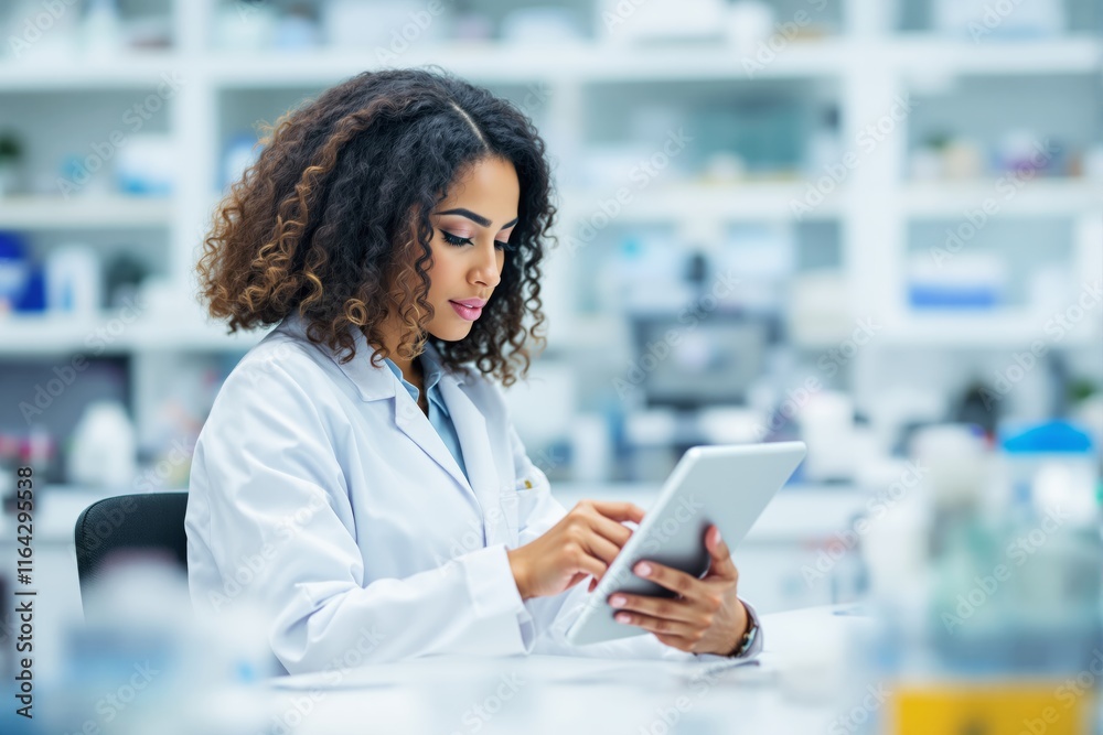 Scientist using a tablet in a laboratory environment, surrounded by scientific equipment and blurred background.