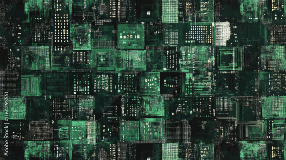 Futuristic green circuit board pattern with digital matrix elements Futuristic green circuit board pattern with digital matrix elements