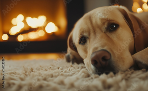 A cozy Labrador retriever resting on a soft carpet near a warm fireplace, wrapped in a blanket. photo