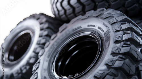 Close-up of large rugged black tires with detailed tread patterns stacked in a warehouse. photo