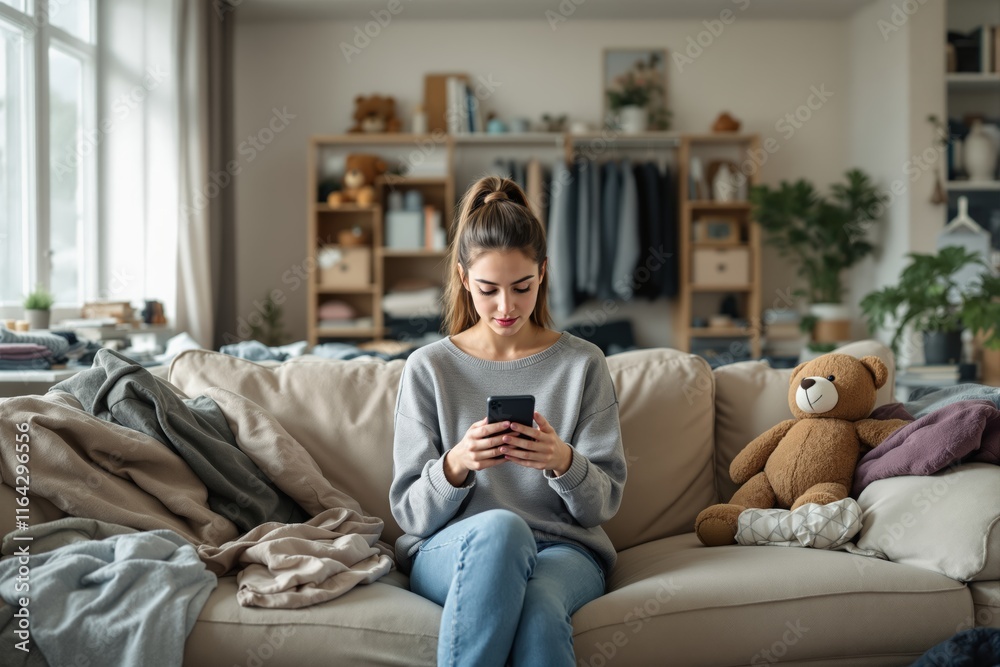 Obraz premium Young woman sitting on a cozy couch using a smartphone in a bright, modern living room with soft furnishings and a teddy bear.