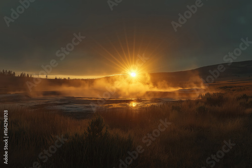 Golden sunrise over a geothermal area with steam and grassy landscape