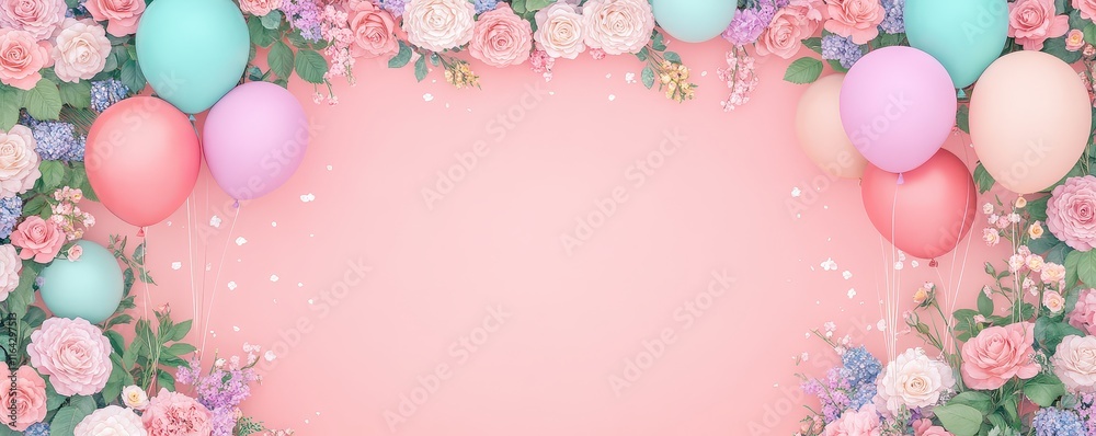 A colorful background featuring balloons and flowers, perfect for celebrations and party invitations. A colorful background featuring balloons and flowers, perfect for celebrations and party invitations.