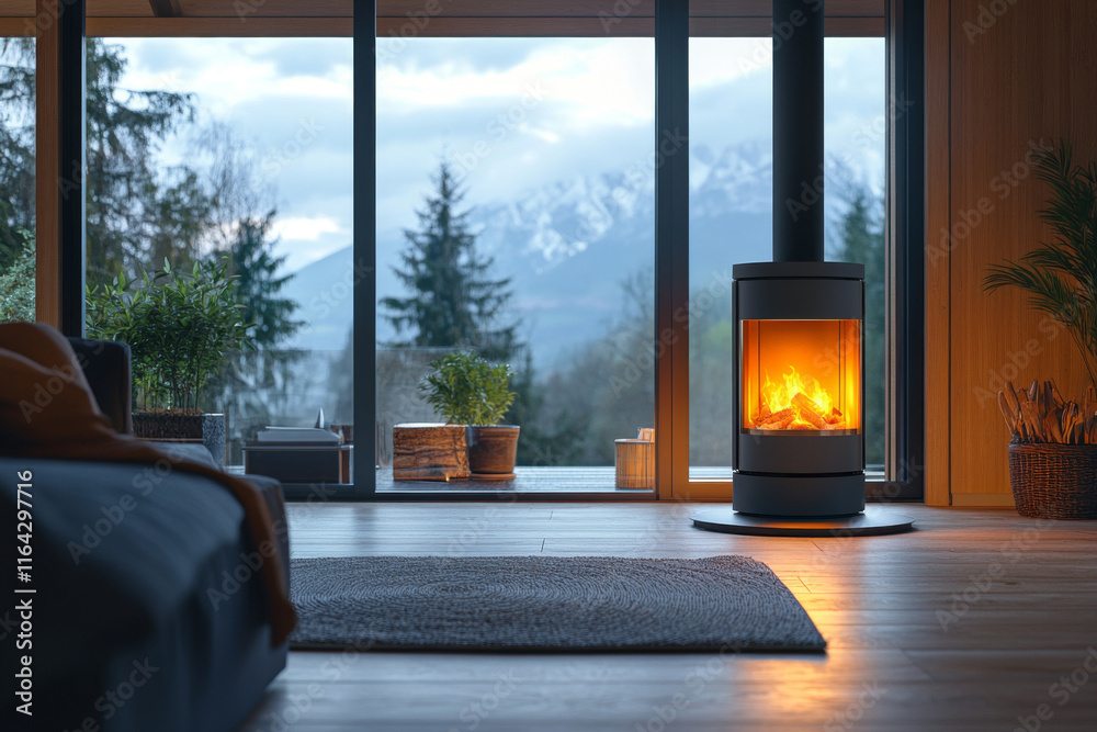 Luxury house interior with modern pellet stove. Contemporary living room with burning fireplace