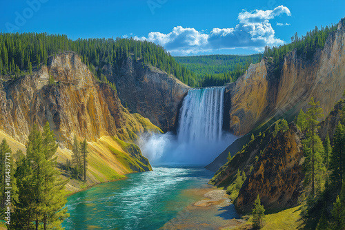 Stunning waterfall cascades into a vibrant river surrounded by lush greenery in Yellowstone National Park