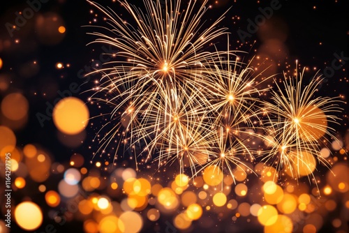 Fireworks and golden bokeh lights in dark night sky, creating a vibrant and festive atmosphere. photo