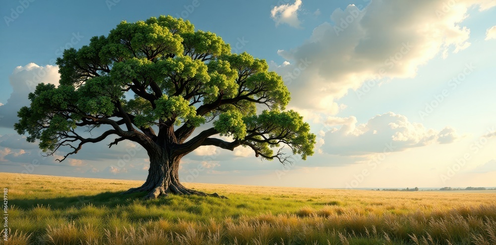Fototapeta premium Ancient oak, sprawling branches, solitary field, bark, solitary