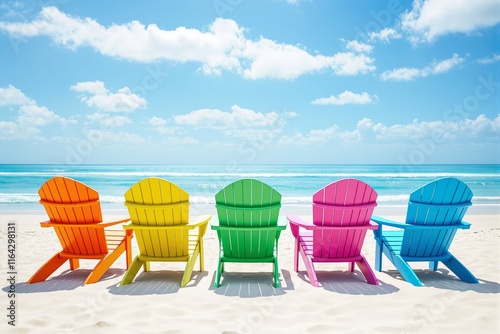 Colorful beach chairs lined up facing the serene ocean under a bright blue sky. photo